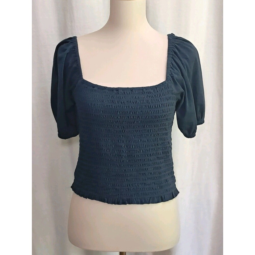 J.Crew Smocked Broken In Jersey Cropped Top Dark Blue AY449 Size M NWT - Picture 2 of 9